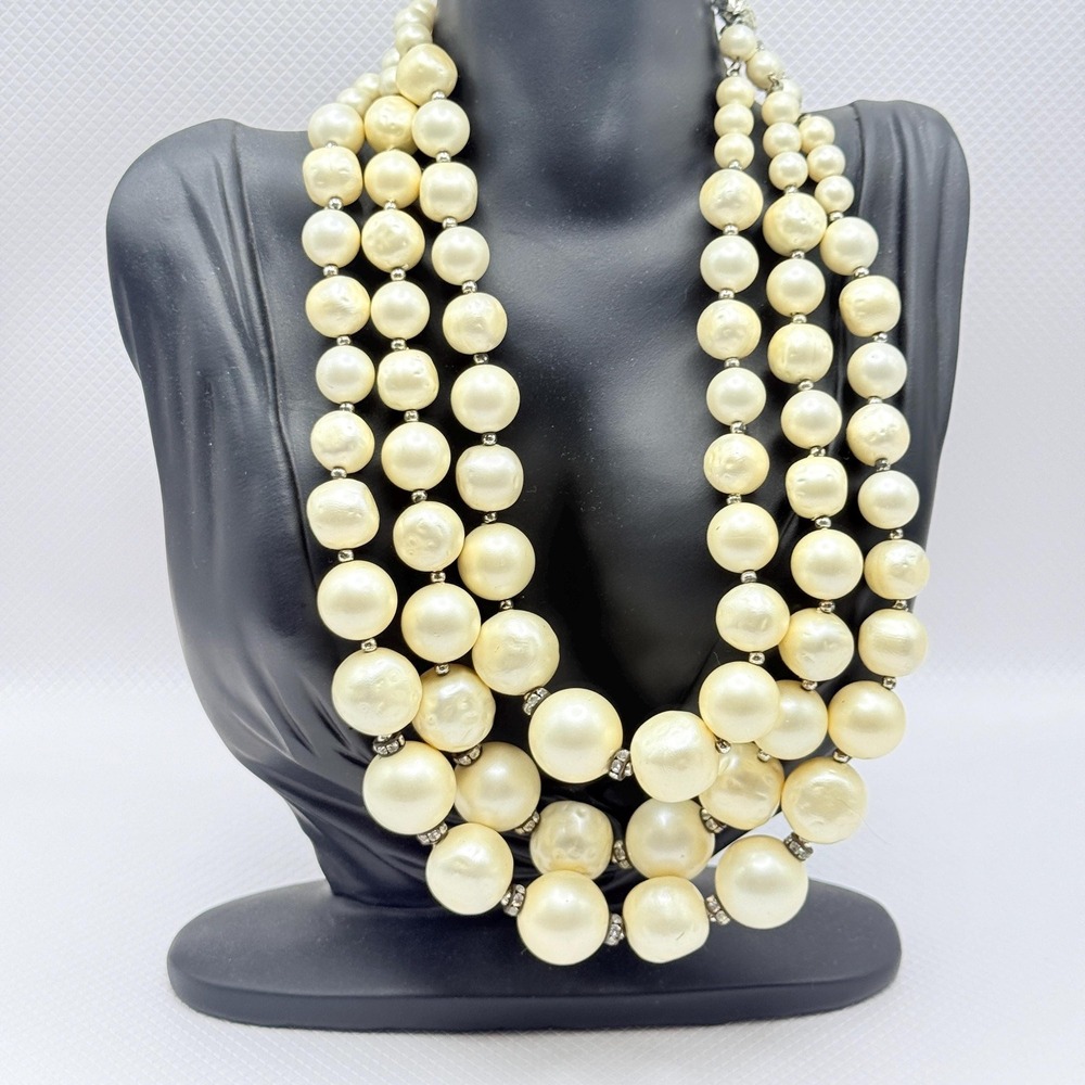 Vintage Multi Strand Chunky Faux Baroque Pearl Necklace‎ w/ Rhinestone Accents